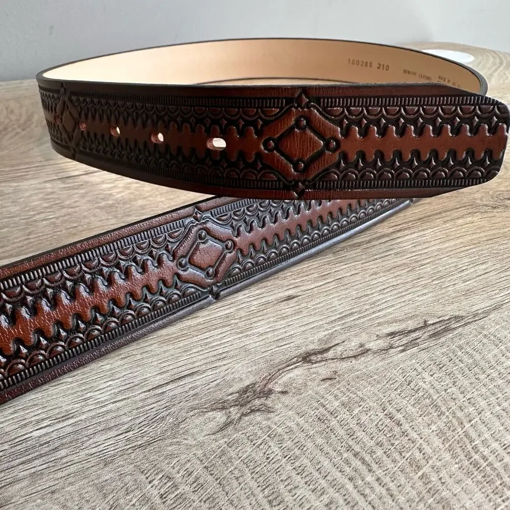 Vintage USA Made Genuine Leather Brown Tooled Belt 44